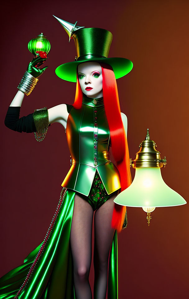 Stylized woman in futuristic green outfit with lamp and perfume bottle