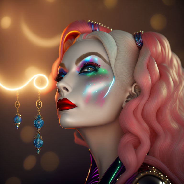 Vibrant neon makeup on woman with pink and white hair