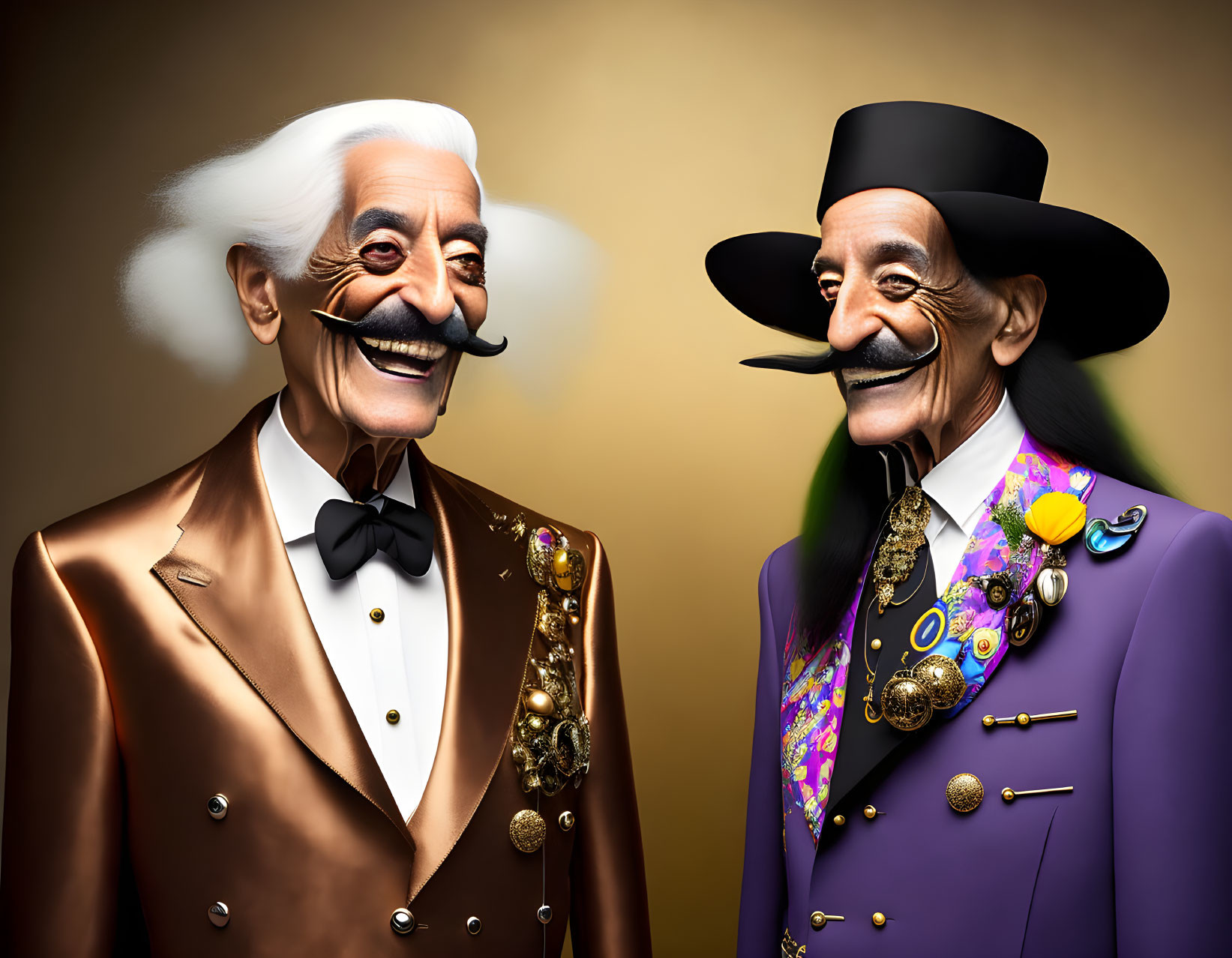 Exaggerated elderly gentlemen in vibrant suits and bow ties