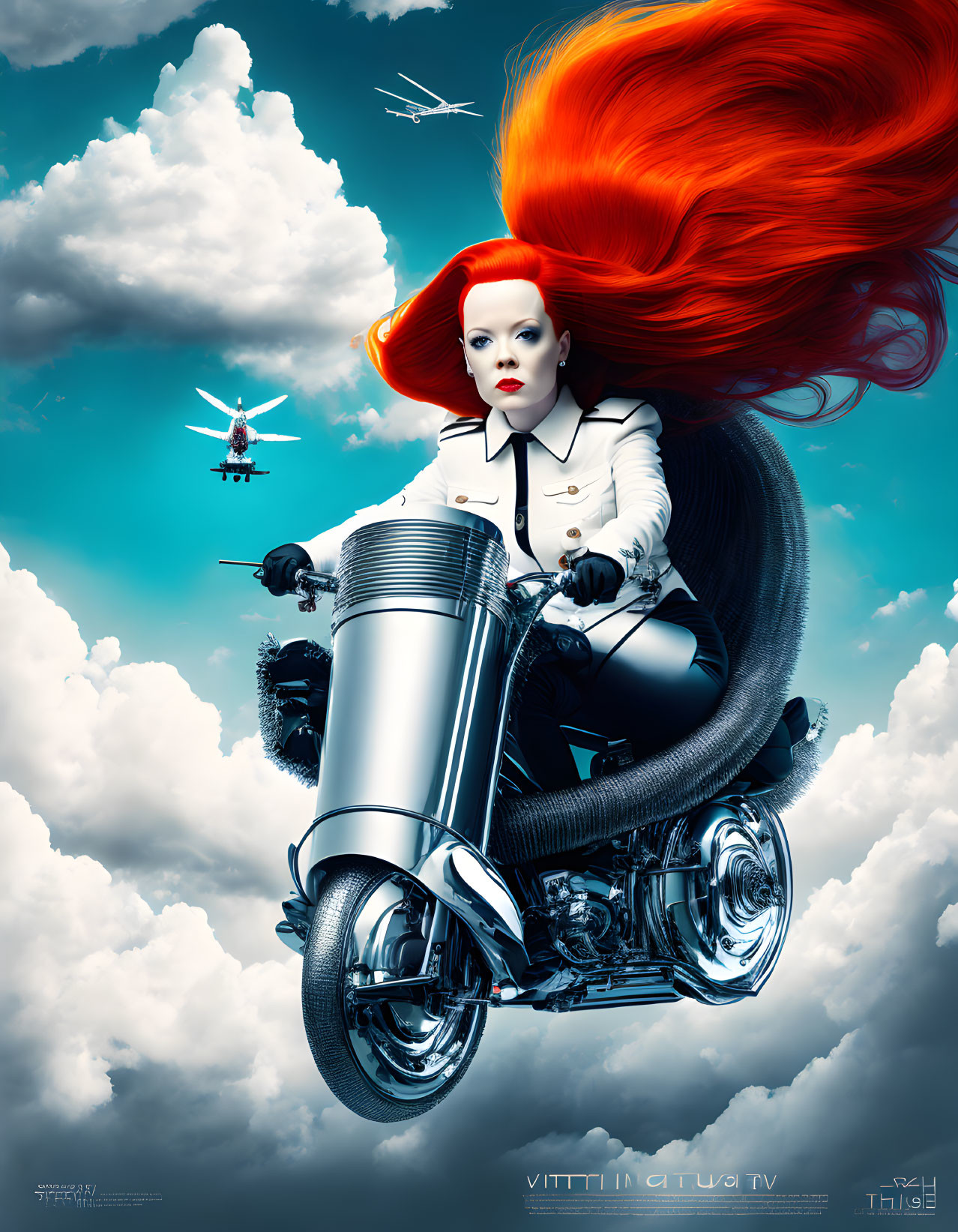 Red-haired woman on futuristic motorcycle soaring in sky with planes.