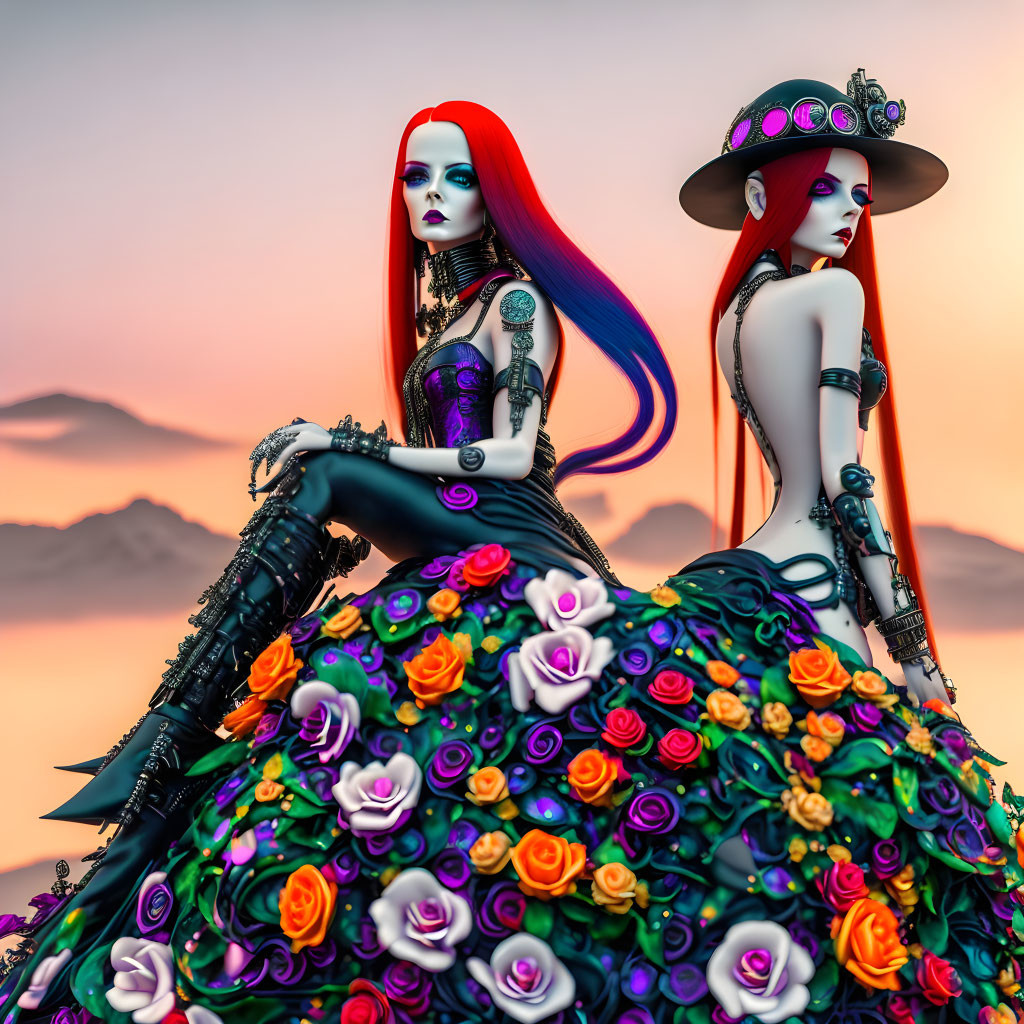 Stylized female figures in gothic attire with colorful floral skirts against sunset mountain backdrop