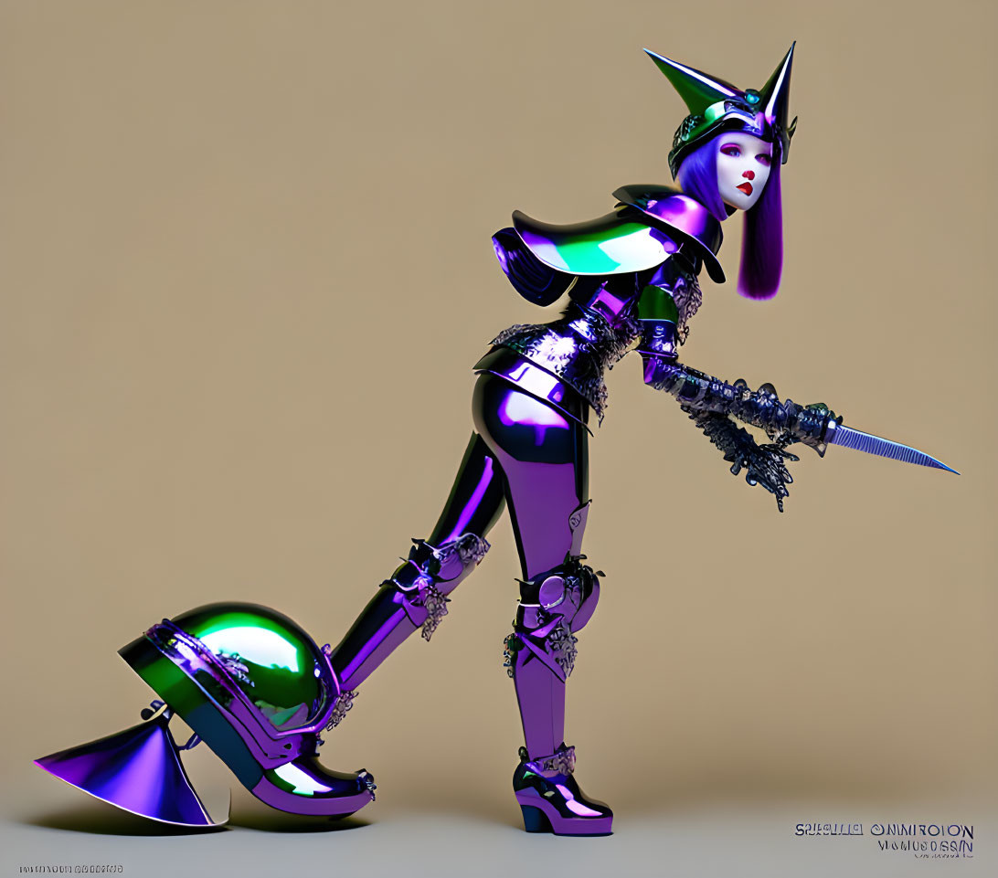 Stylized female figure in futuristic armor with spiked mace on beige background