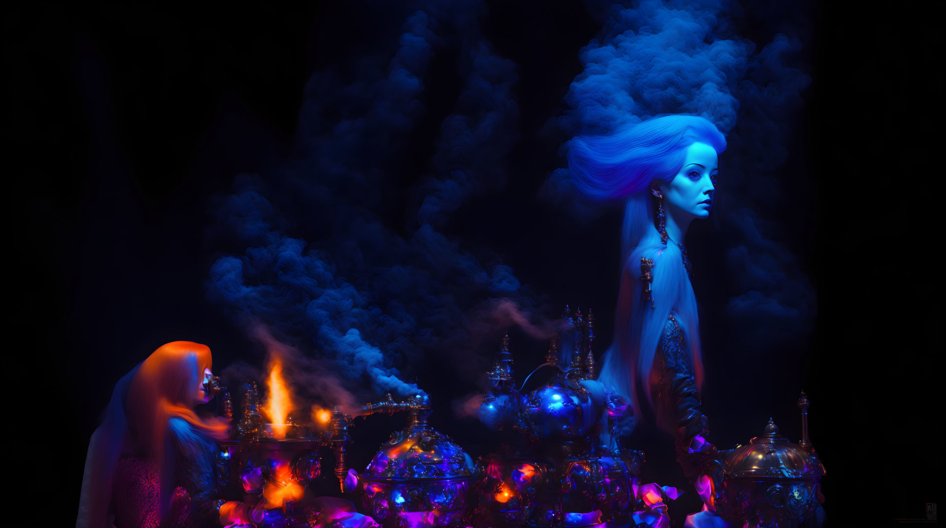 Pale woman with blue hair in mystical setting with glowing vessels