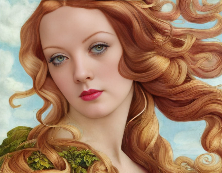 Portrait of Woman with Auburn Hair, Fair Skin, Green Eyes, Clouds, and Foliage