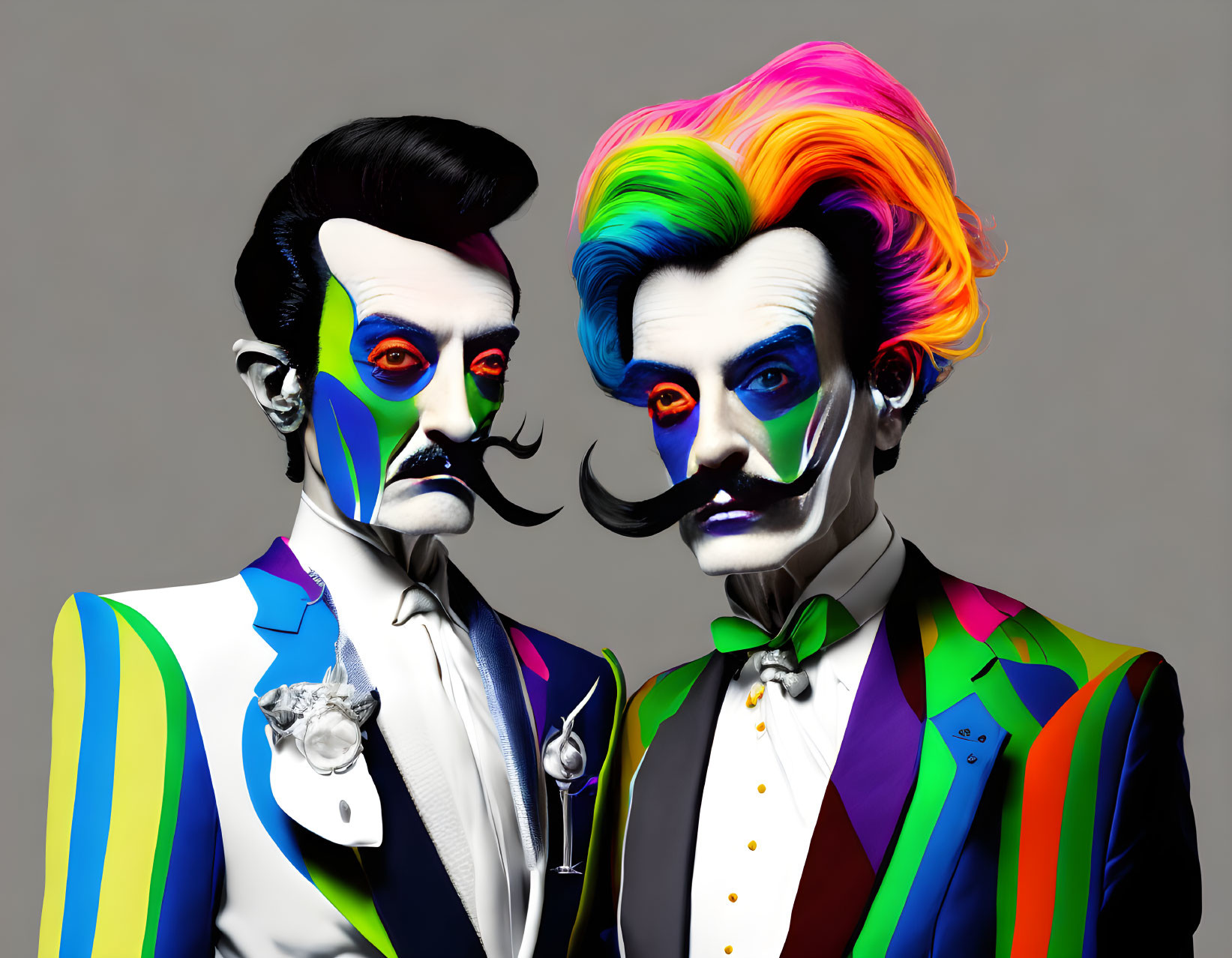 Colorful Abstract Makeup on Two Men in Vibrant Suits