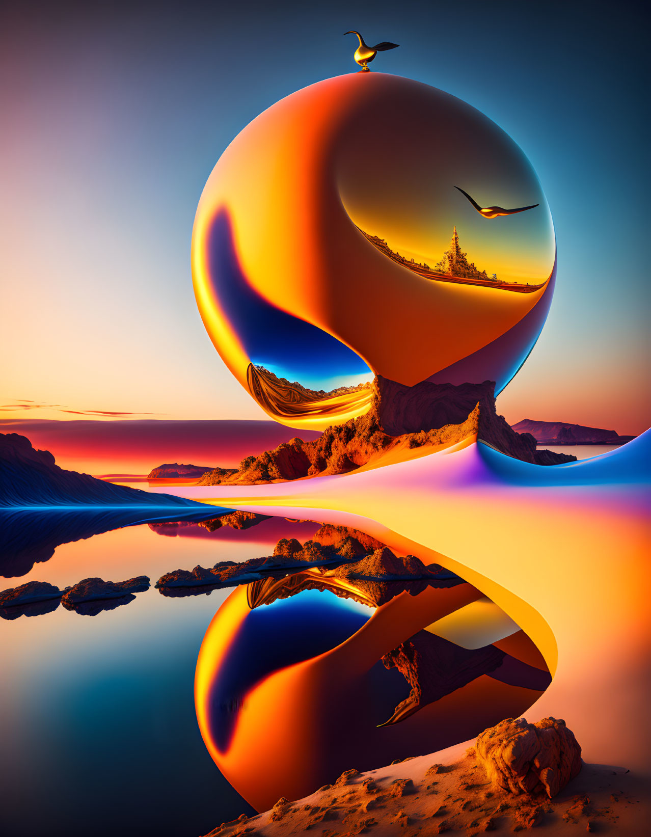 Surreal landscape with reflective spherical object and swirling pattern at sunset