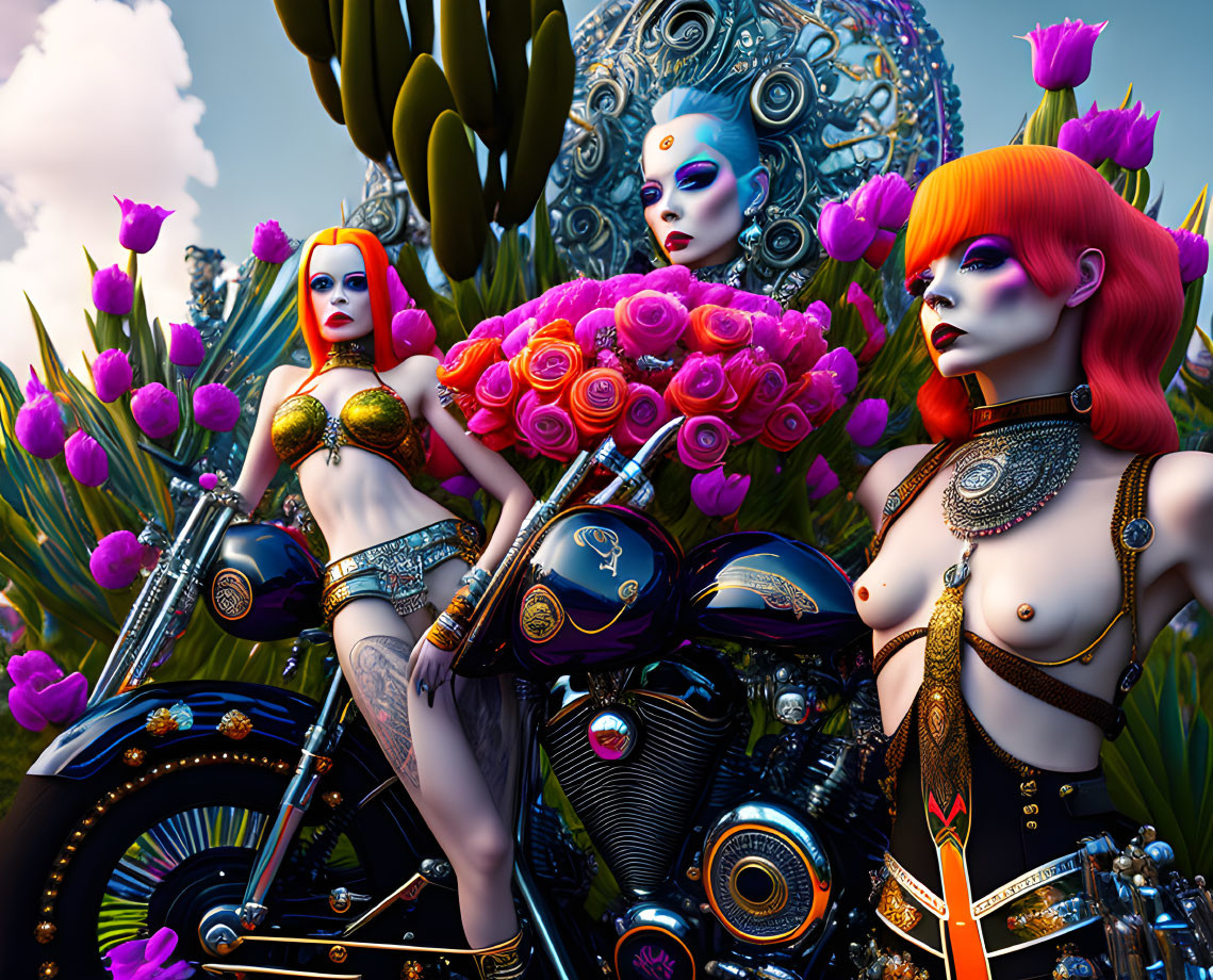 Stylized female figures with makeup and tattoos pose with motorcycle and vibrant flora