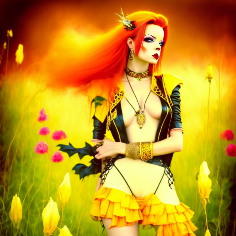 Colorful character illustration with red hair and fantasy attire in vibrant field