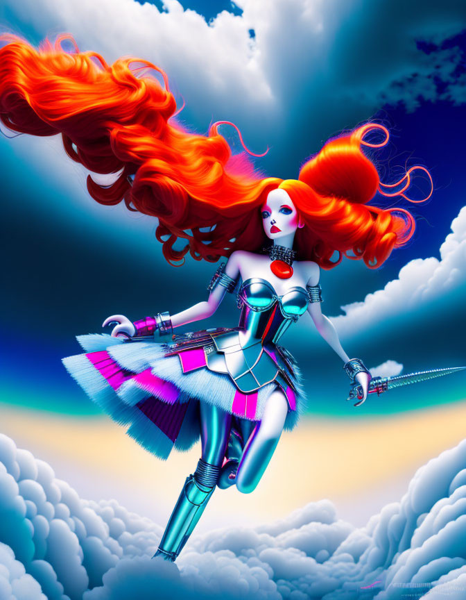 Female android in red hair and armor with sword flying in blue sky