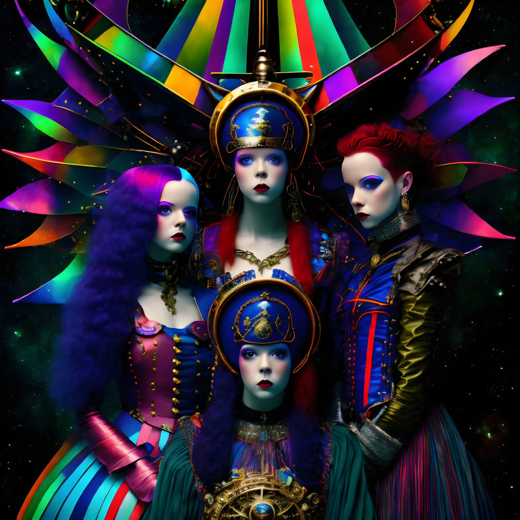 Symmetrical cosmic background with four stylized women in ornate costumes