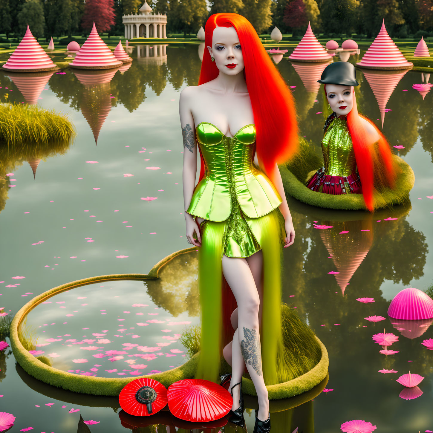 Stylized female figures with red hair and green dresses in surreal pond