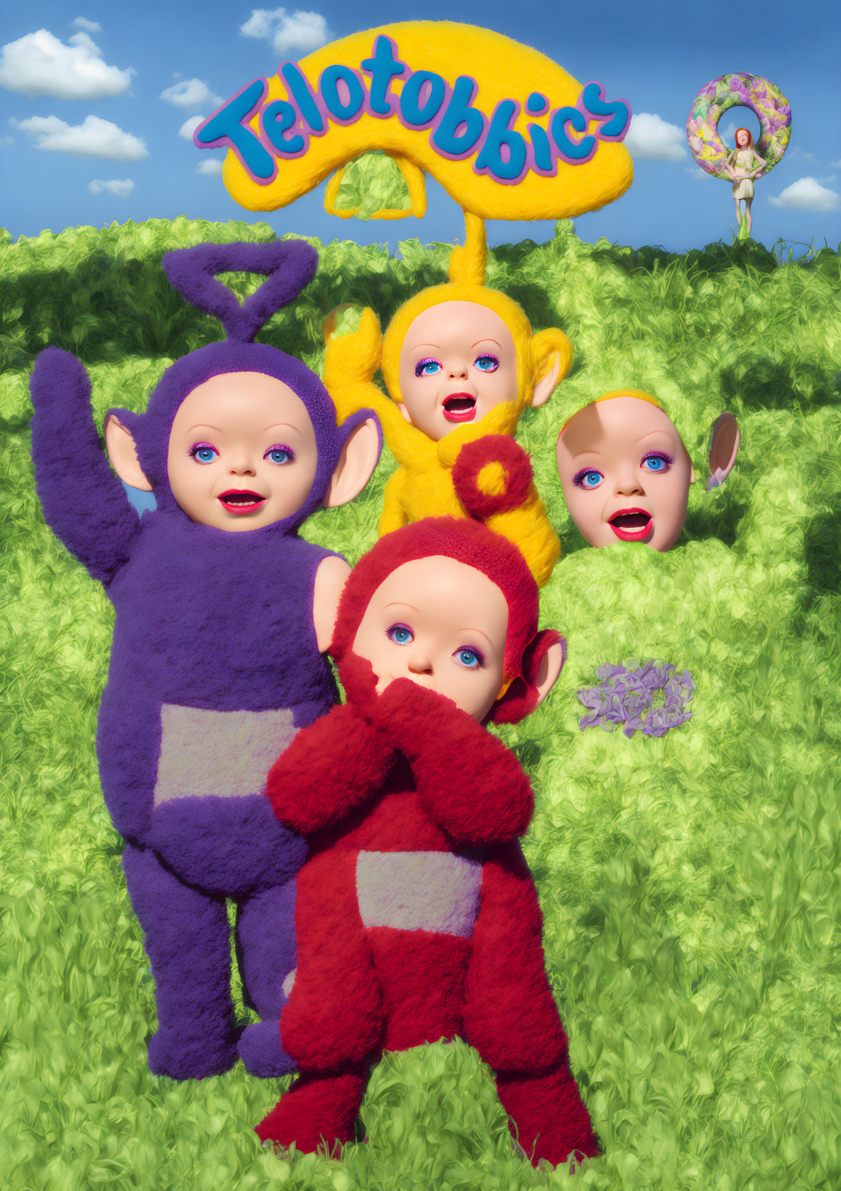 Colorful Teletubbies Characters in Sunny Landscape