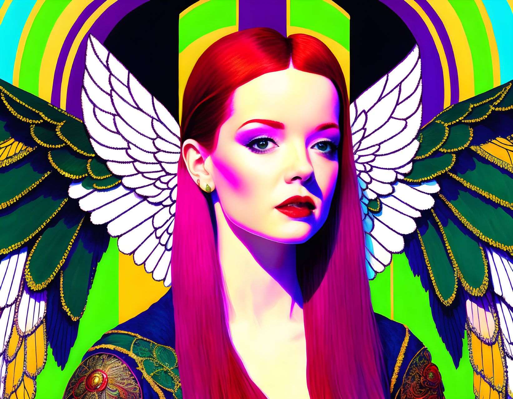 Colorful portrait of woman with red hair and winged shoulders against geometric background.