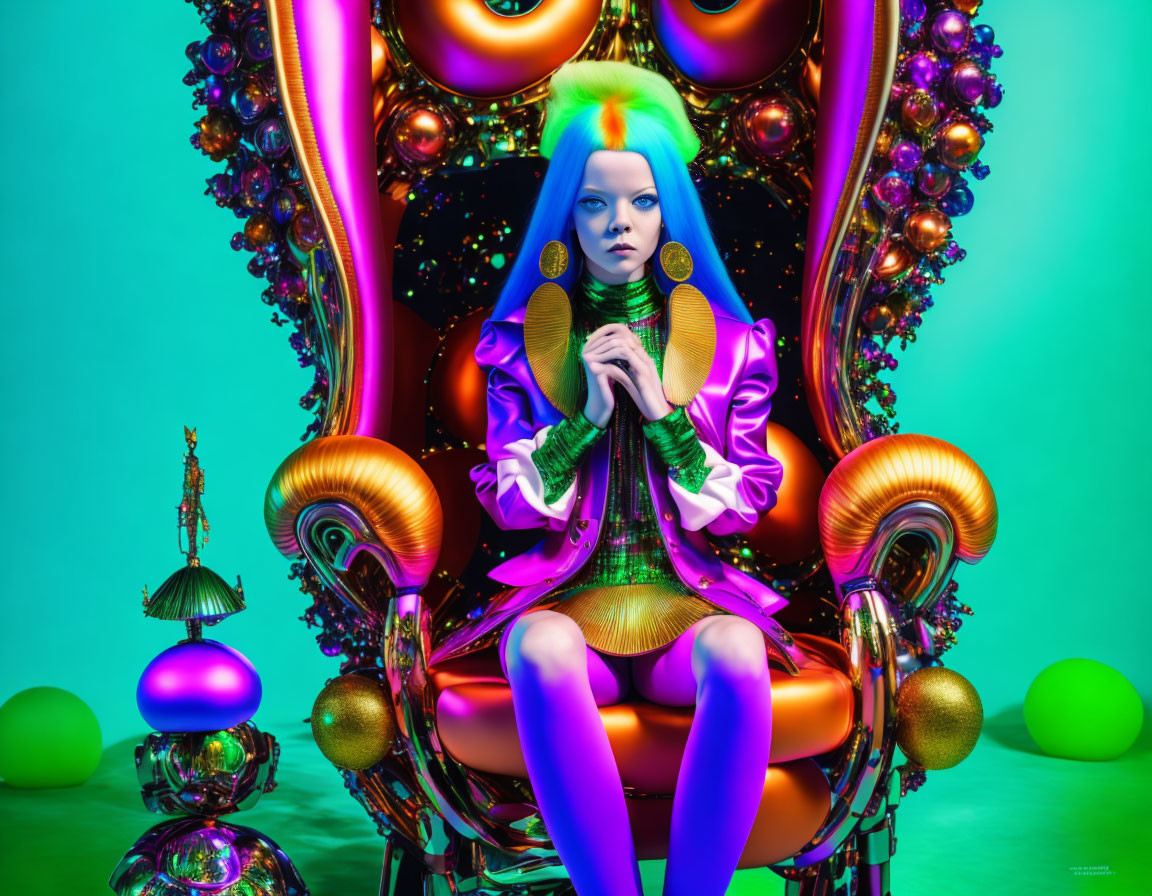 Colorful portrait of person with blue hair on ornate chair in vibrant setting