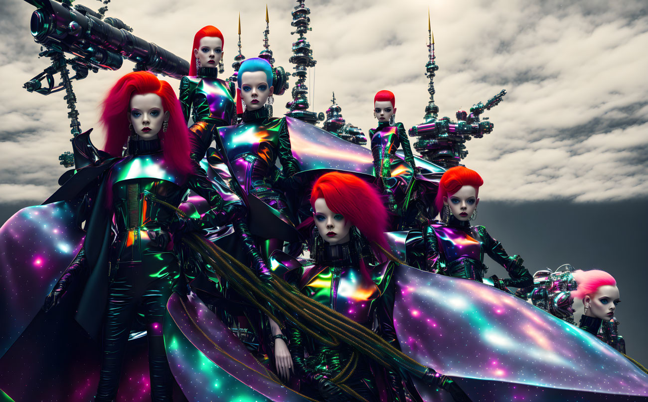 Red-haired futuristic beings in metallic attire under cloudy sky