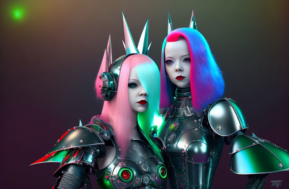 Futuristic female figures with vibrant hair and robotic armor standing together