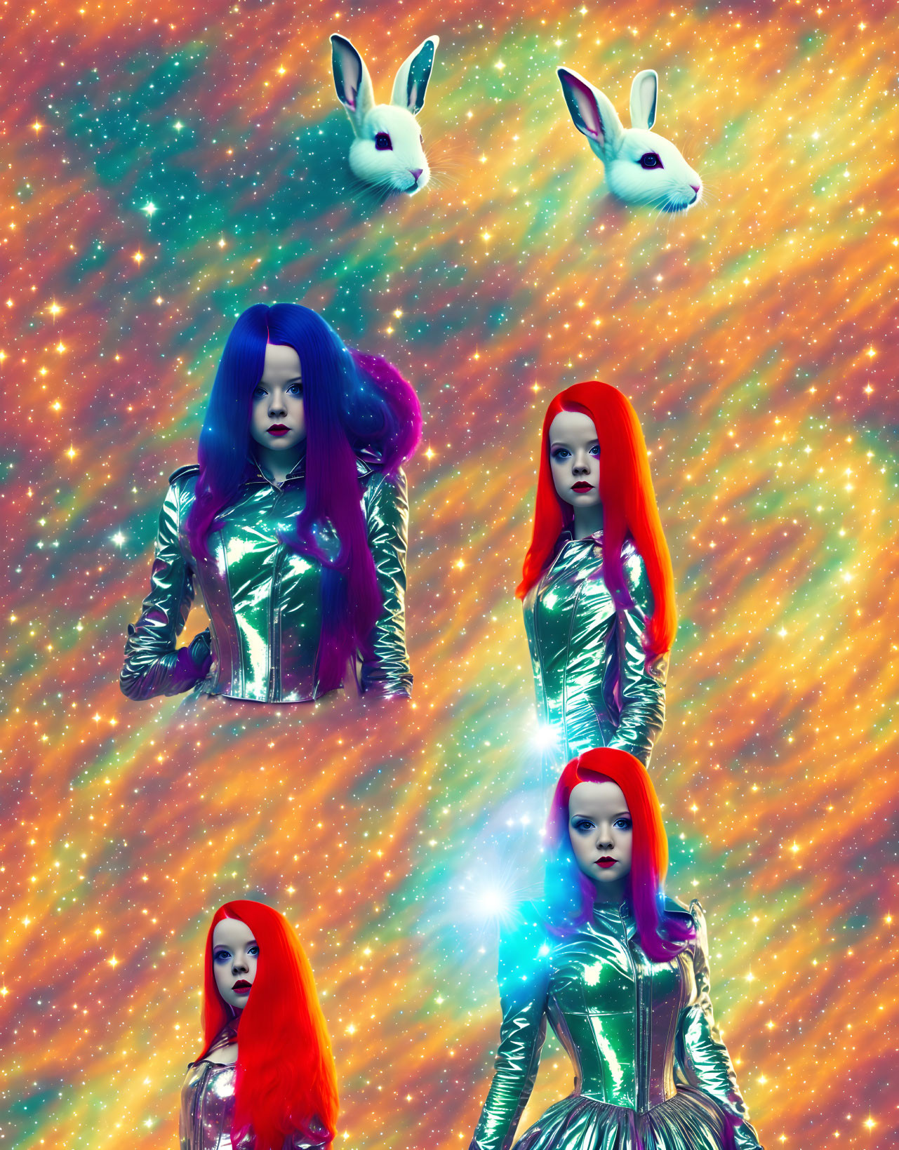 Futuristic digital art: vibrant hair, silver outfits, floating rabbit heads on multicolored star