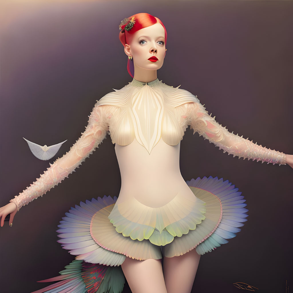 Digital illustration: Person in ornate ballet costume with red hair accessory, posed elegantly with flying bird