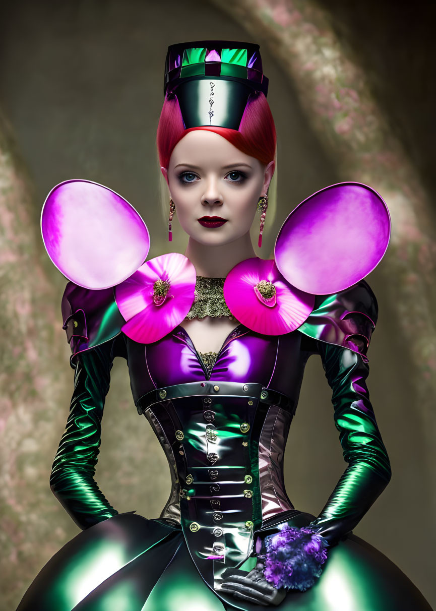 Avant-garde woman in latex corset with orchid shoulder embellishments