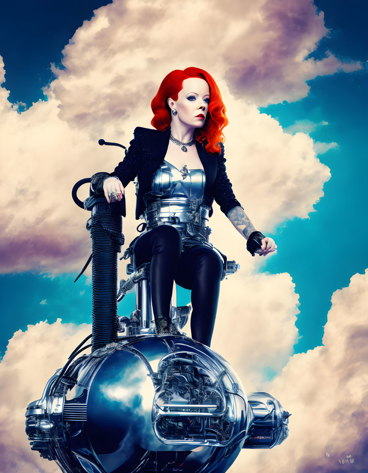 Red-haired woman in futuristic silver armor on mechanical sphere against cloudy sky