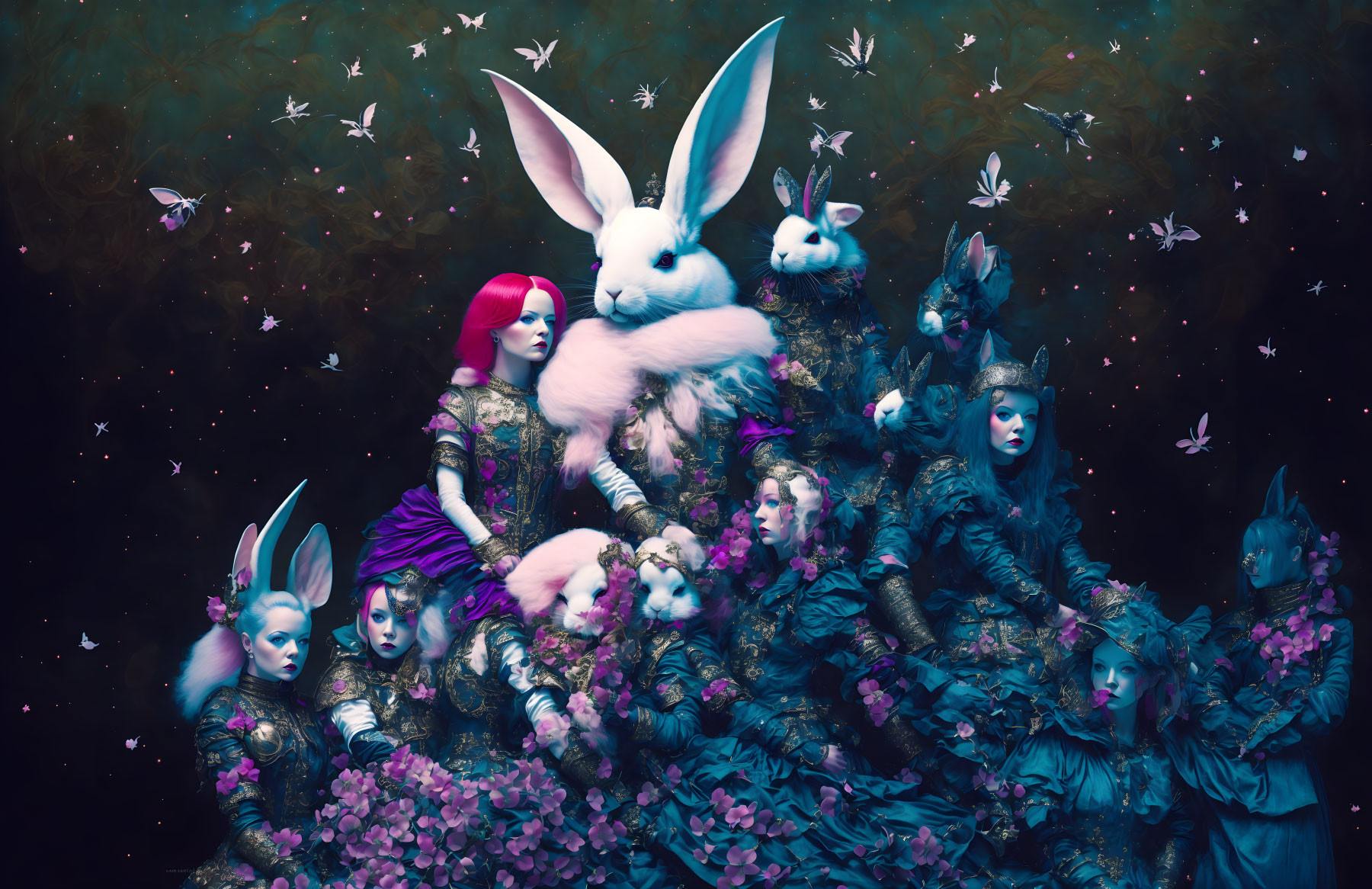 Fantasy scene: People in rabbit costumes with flowers and butterflies