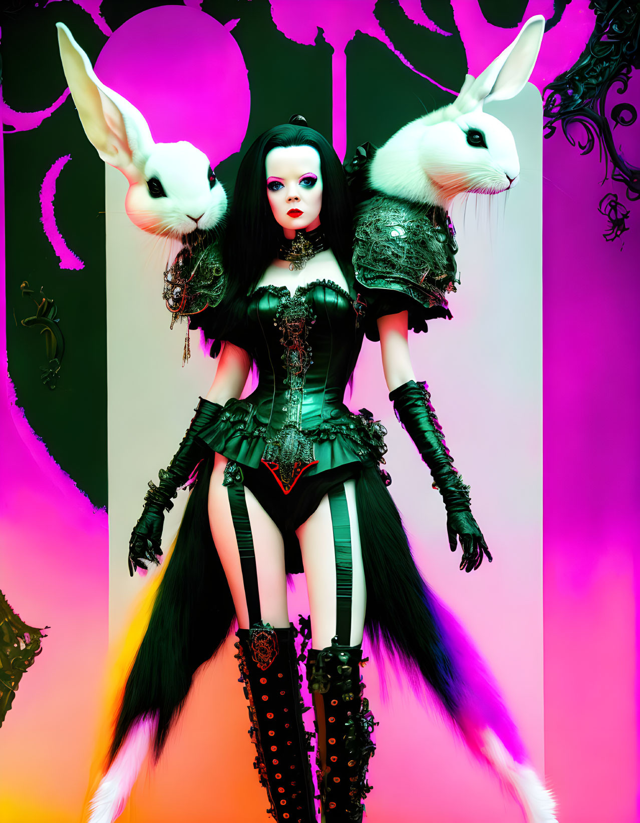 Surreal Gothic woman with large rabbits on vibrant pink background