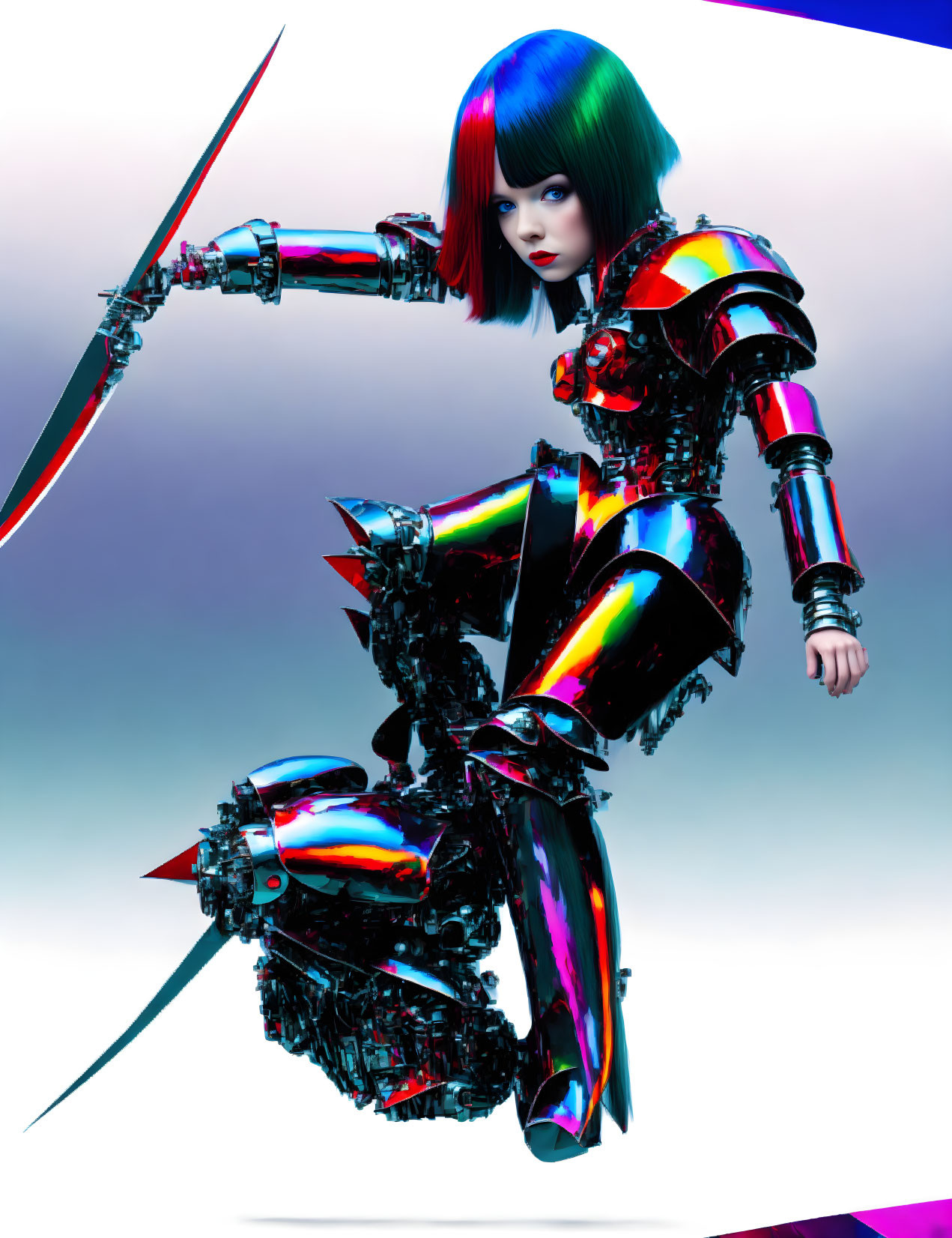 Futuristic female warrior with chromatic armor and sword on gradient background