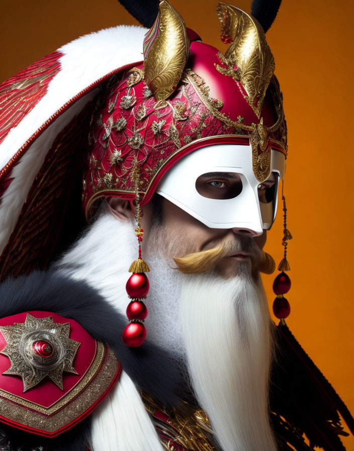 Traditional Red and Gold Helmet with White Mask and Beard on Orange Background