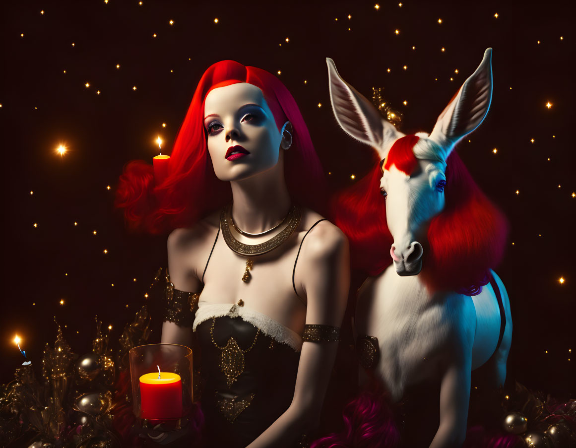 Red-haired woman with headband & unicorn in dark setting with twinkling lights.