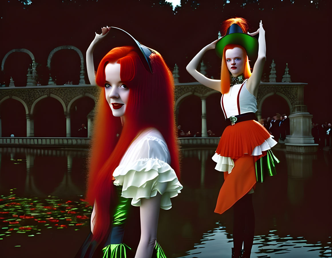 Vibrant red hair women in avant-garde outfits by night lake