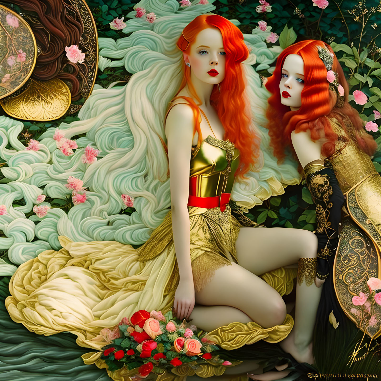 Stylized women with red hair in elaborate outfits amid lush greenery and pink flowers