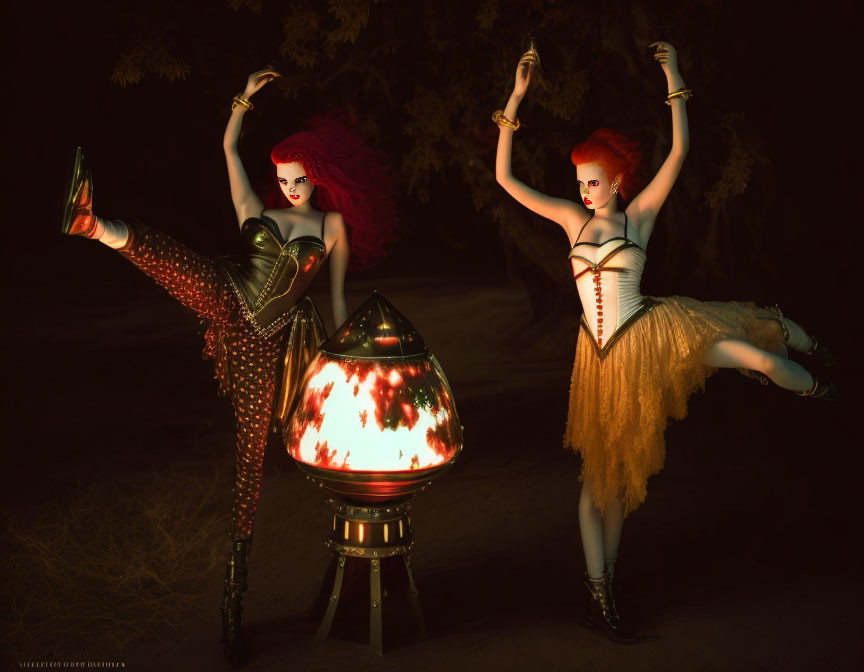 Stylized women with red hair near glowing brazier in dim setting