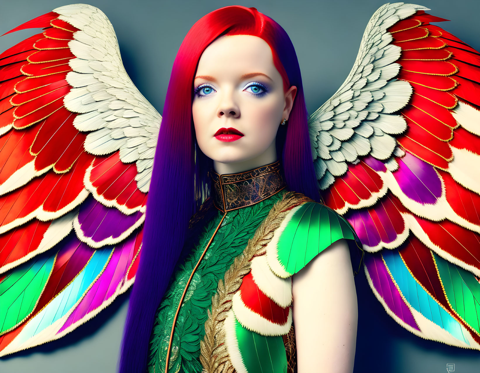 Vibrant red and purple hair woman with colorful wings on grey background