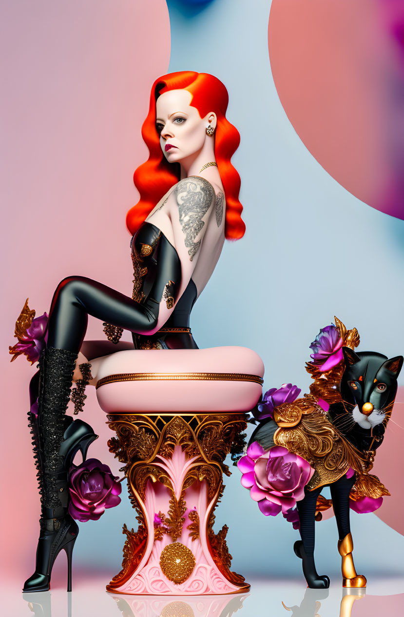 Stylized image of woman with red hair and tattoos sitting on pink stool with black cat and purple