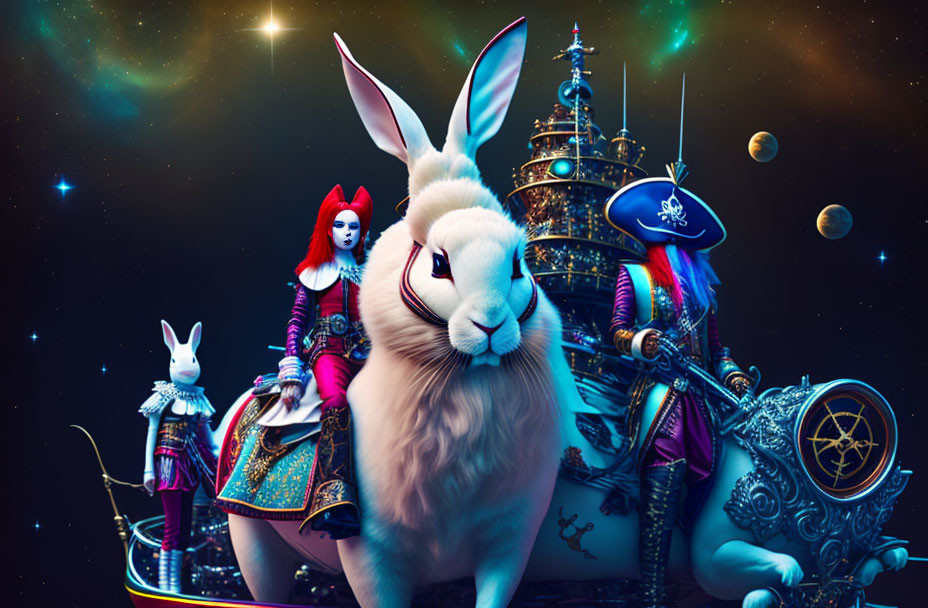 Surreal composition: Majestic rabbit in elaborate attire with whimsical characters and space backdrop.