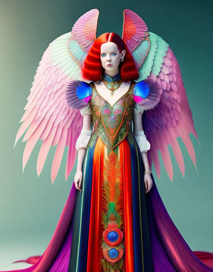 Red-haired woman in fantasy costume with feathered wings and peacock design