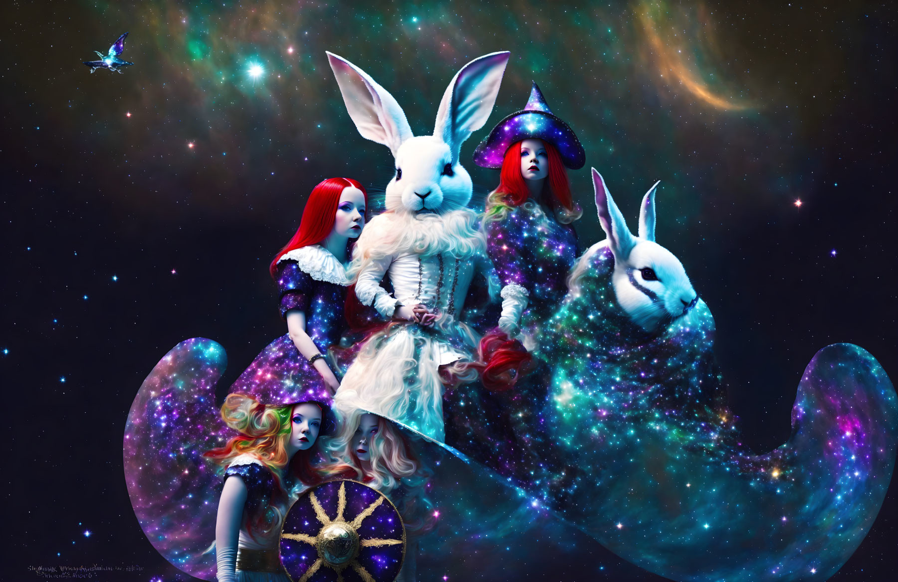 Whimsical cosmic scene with surreal characters in rabbit heads and galaxy backdrop
