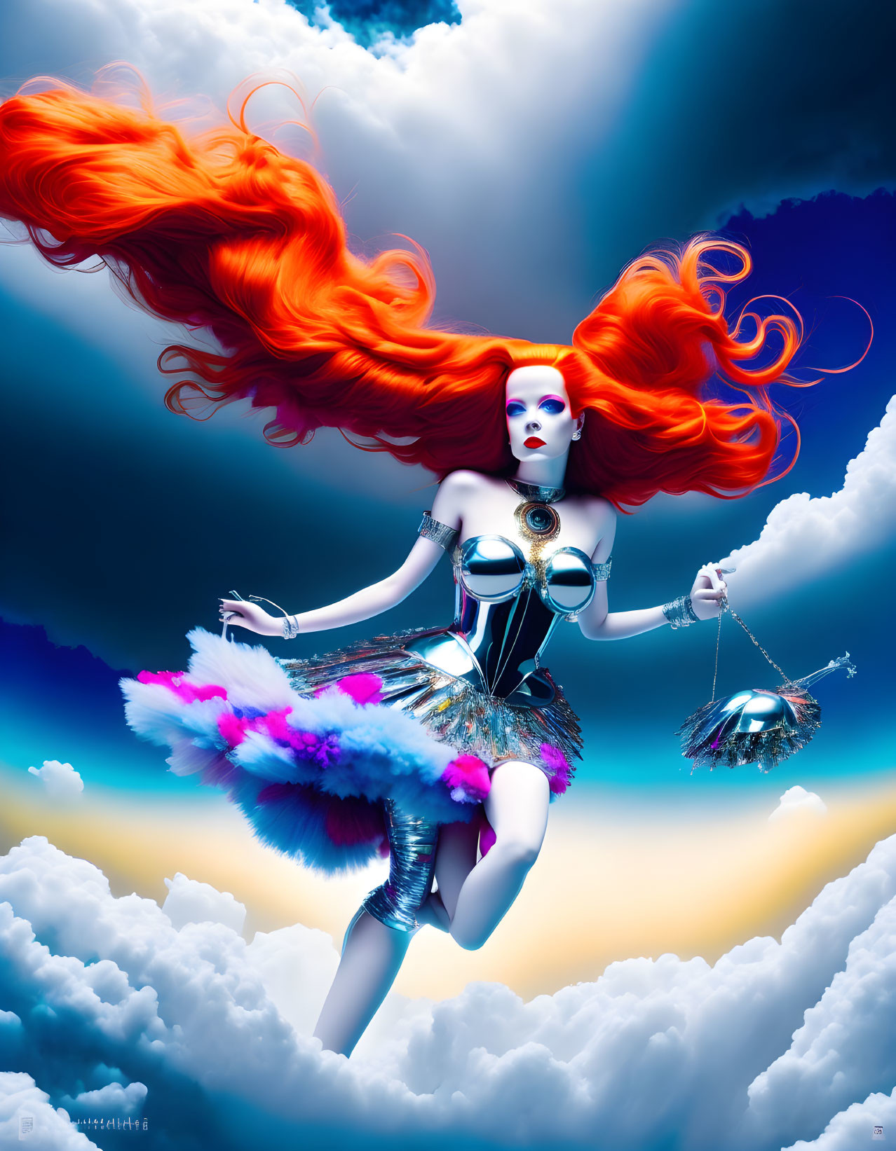 Surreal image: Woman with red hair in clouds with whimsical outfit.