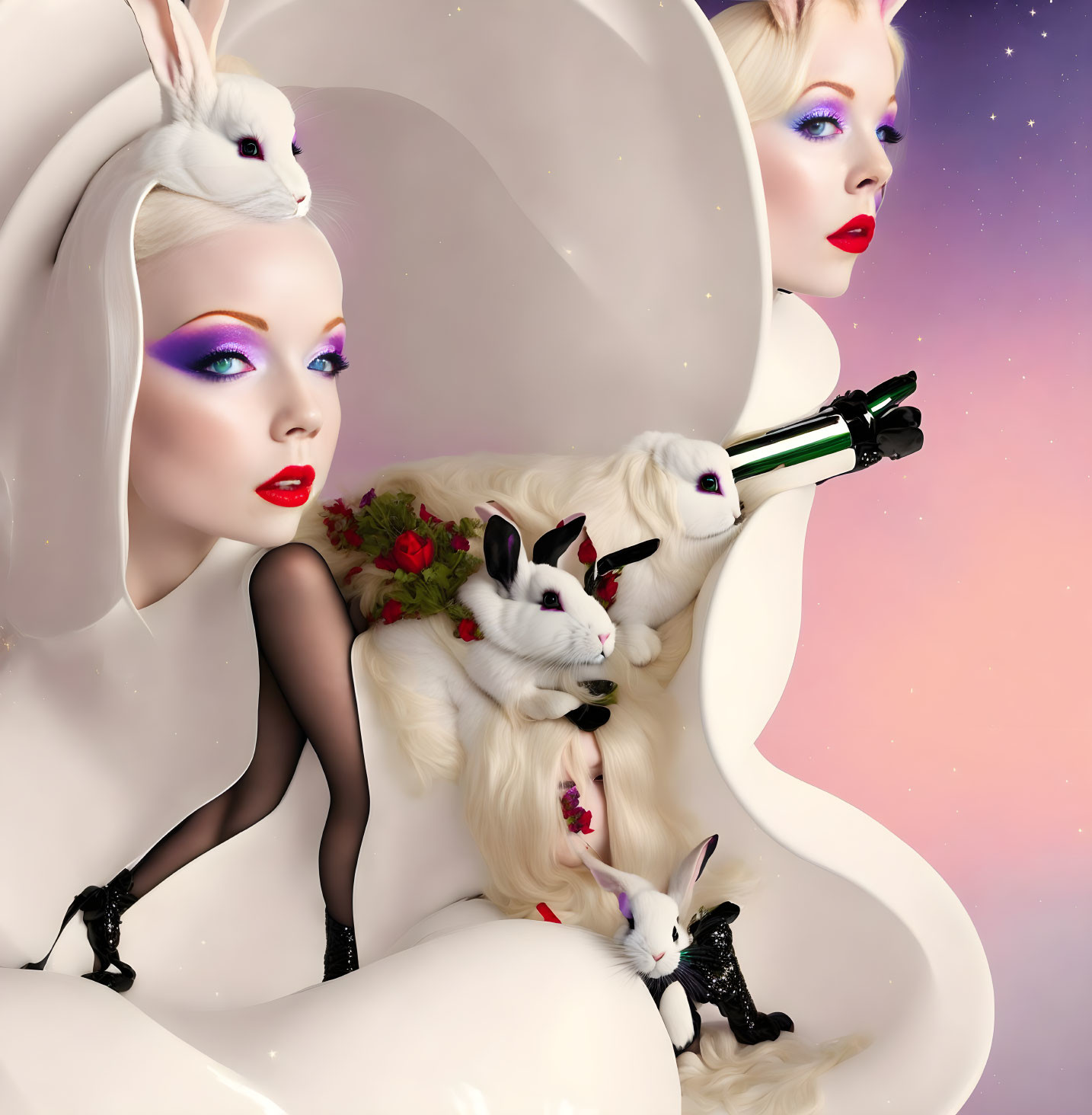 Woman with white rabbits and vibrant makeup in surreal cosmic scene