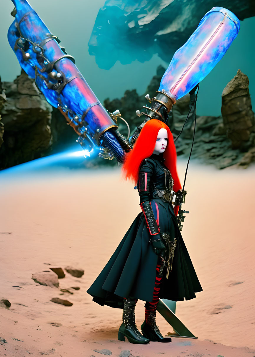 Red-haired woman in gothic attire wields futuristic blue energy weapon on sandy terrain