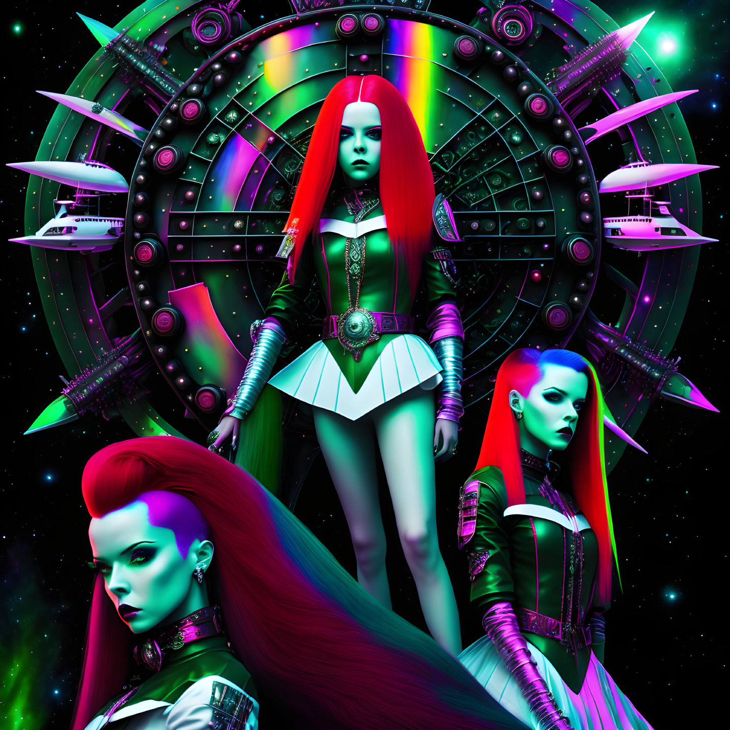 Three futuristic female figures with red hair in cosmic setting.