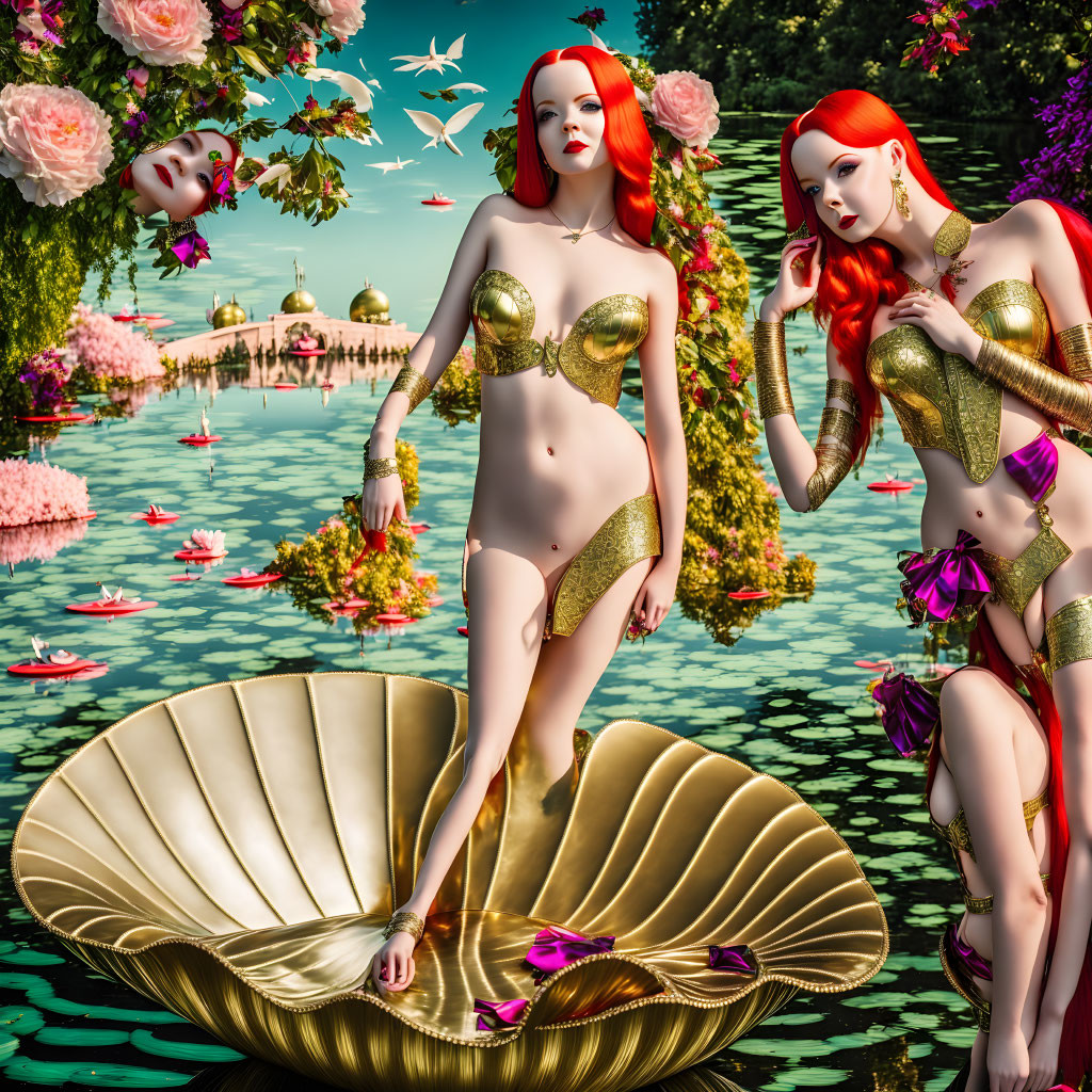 Three red-haired females in gold outfits in fantasy lake landscape