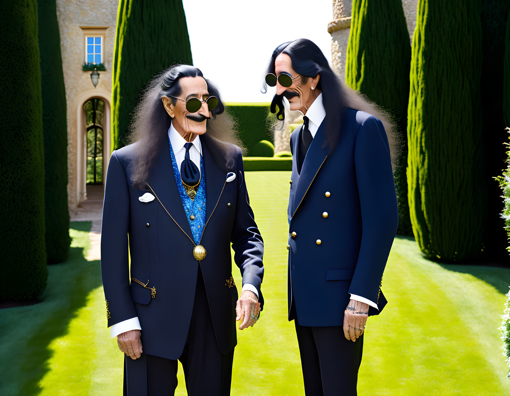 Stylized figures in navy suits with sunglasses in front of garden and home