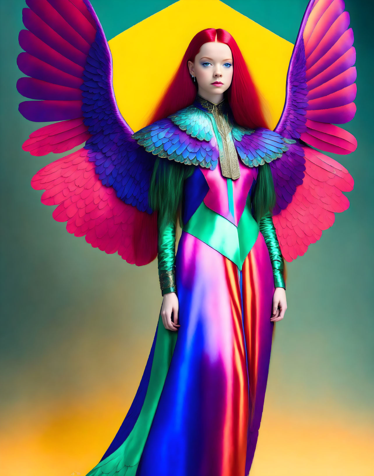 Colorful Winged Costume Model Against Gradient Background