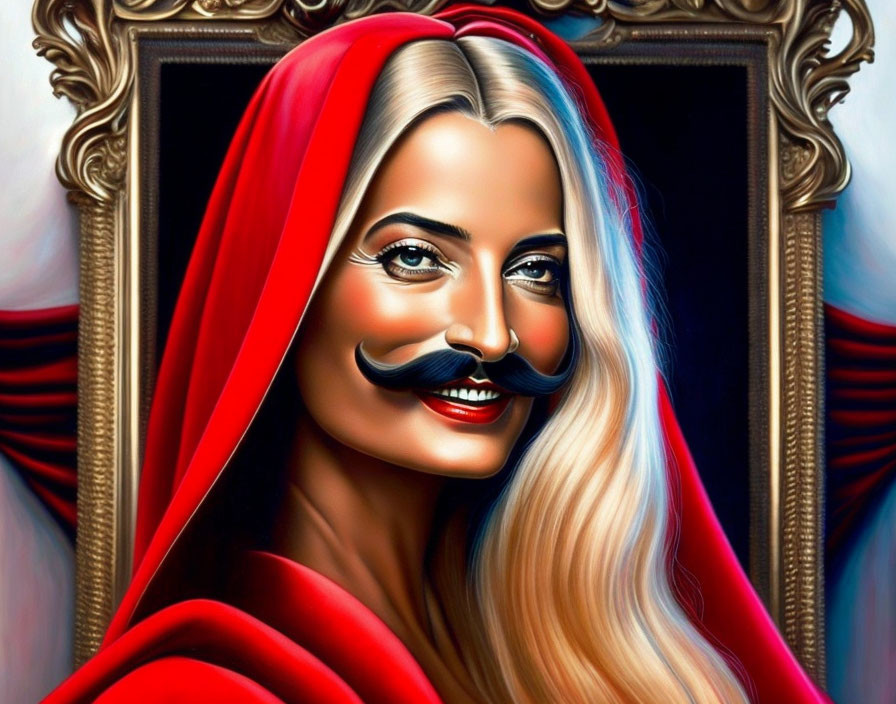 Blonde woman in red hood with illusion of mustached man's face