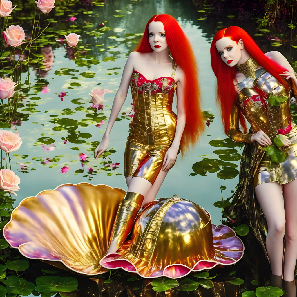 Two Red-Haired Women in Gold Outfits by Water with Lilies