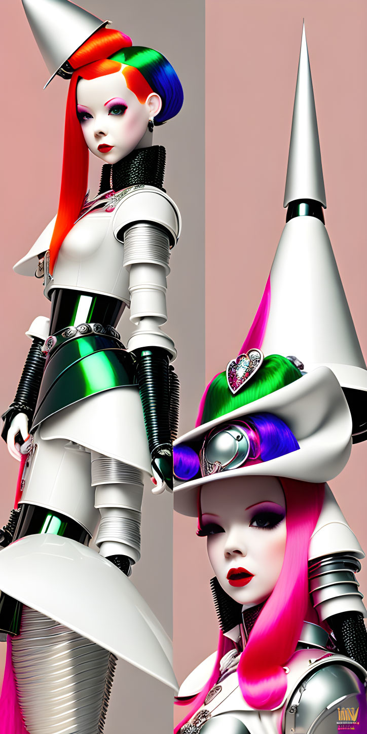 Colorful futuristic women in metallic armor with cone-shaped headgear