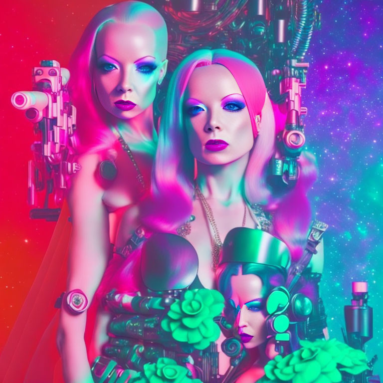 Futuristic digital artwork: Three cybernetic females in neon backdrop