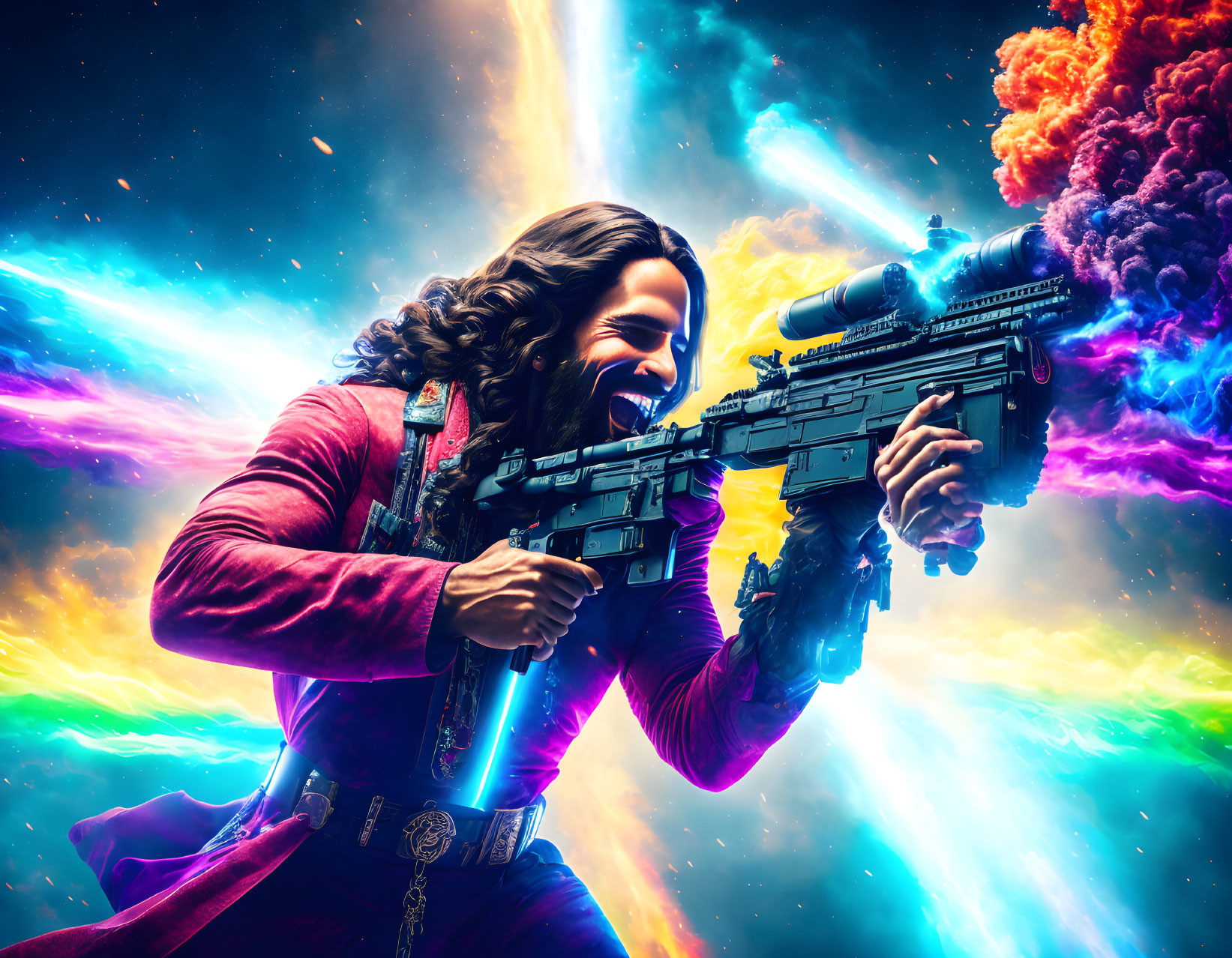 Smiling person in red coat with futuristic rifles in cosmic sci-fi scene