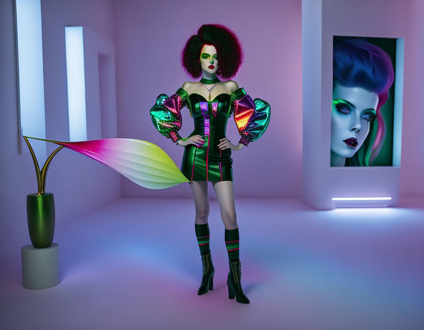 Futuristic room with avant-garde fashion, colorful lighting, plant, portrait